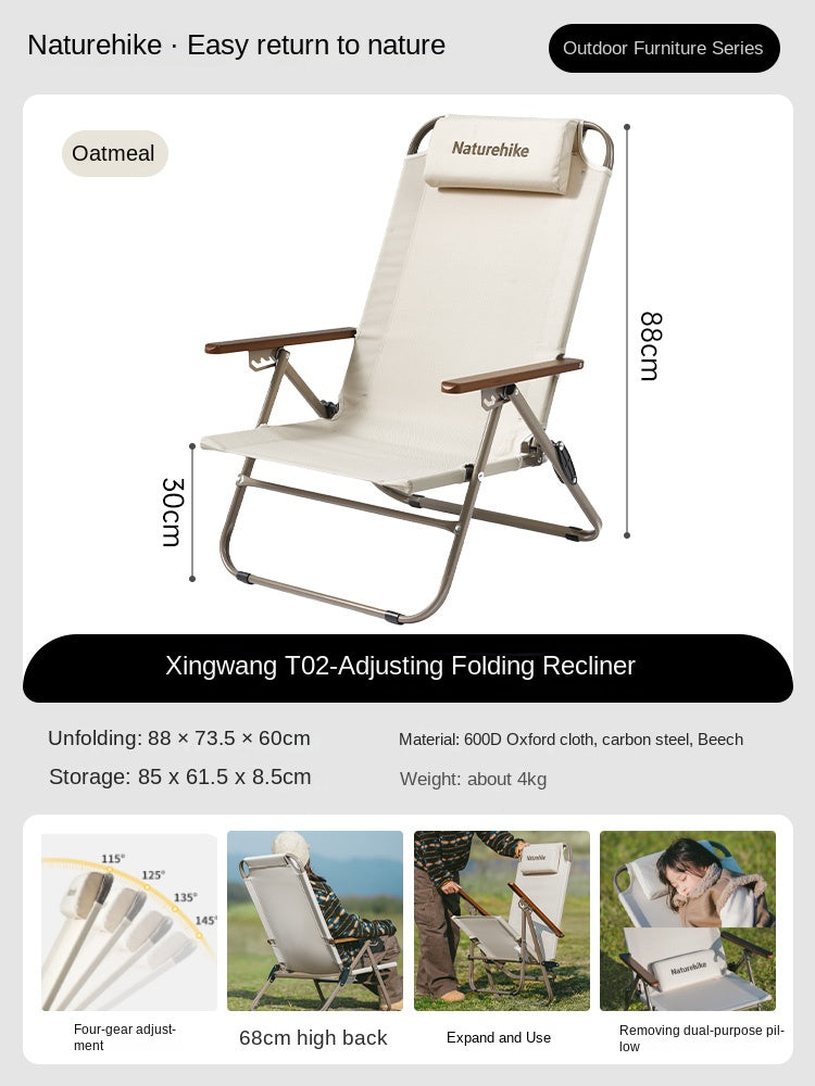 Naturehike FLOURISH LOUNGER T02 Reclining Chair Portable Foldable Lightweight Four Gear Adjustable Folding Recliner Tall Backrest Load Bearing Up To 120kg