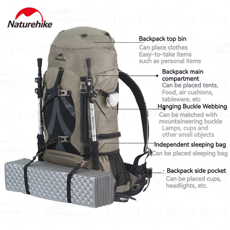 Naturehike 70L + 5L Hiking Mountaineering Backpack Bag Large Capacity Climbing Storage Back Pack Bag with Waterproof Rain Cover Water Bladder Unisex for Men Women Original Heavy Duty Nature Hike 75L