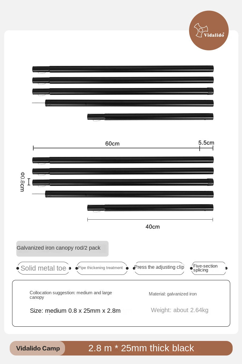 Vidalido Galvanized Iron Canopy Rod Black Steel Iron Awning Pole Tarp Tent 1.8m 2.2m 2.4m 2.8m Length 3-4 Section 2pcs Per Set Camping Accessories Rod