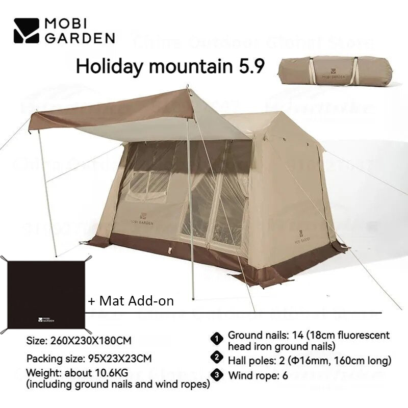 Mobi Garden HOLIDAY MOUNTAIN RESIDENCE 5.9 Fast Build Automatic Cabin Style Tent Waterproof 2 Door Built-in 2 Canopy Skylight village 6.0 ridge hut