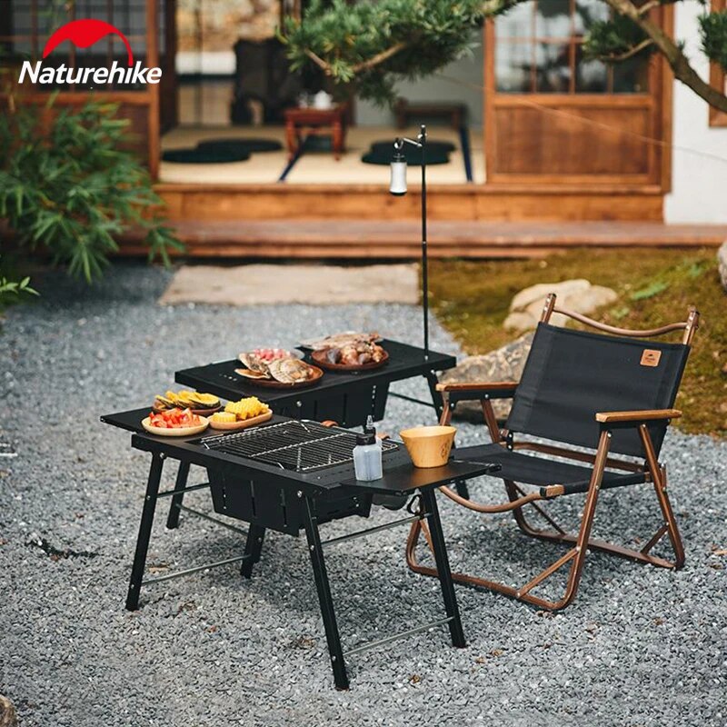 Naturehike Multifuctional Travel Barbecue Table Folding BBQ Grill Outdoor Camping Picnic Portable Integrated Built-in Cooking Charcoal Grill with Lamp Pole Easy to Clean Nature Hike