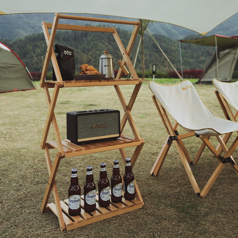 Mobi Garden Multi-Function Folding Table Portable Lightweight Solid Wood Storage Table Multi-layer Shelf Rack Foldable Wooden Table 4 Layer Shelves Outdoor Camping
