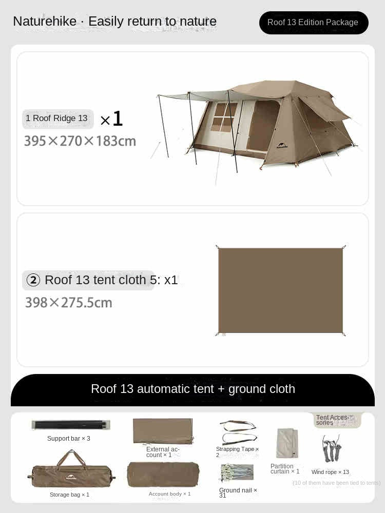 Naturehike VILLAGE 13 Cabin Style 13sqm 5 to 8 Person 2 Bedroom 1 Living Room Camping Automatic Pole Outdoor Tent Waterproof Portable Camp Shelter
