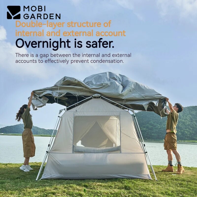 Mobi Garden HOLIDAY 5.9 Fast Build Automatic Cabin Style Tent Upgraded Black Vinyl Coated for 4-5 Person 6m² Large Space 2 Door Built-in 2 Canopy