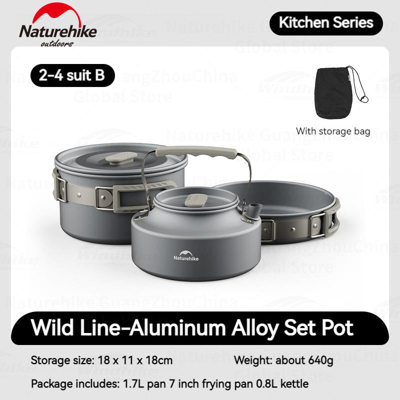 Naturehike Aluminum Alloy Set Pots Portable Lightweight Tableware Pot Frying Pan Kettle Folding Handle Camping Outdoor Hiking Travel Picnic Stackable Cookware