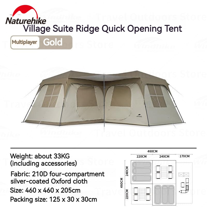 Naturehike VILLAGE Series SUITE Automatic Fast Build 3 Rooms 2 Hall Extra Large Villa Cabin Style Glamping Tent Waterproof 28m² Space for 12 Persons