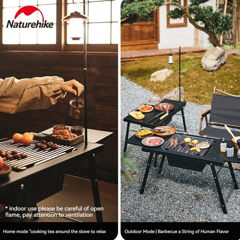 Naturehike Multifuctional Travel Barbecue Table Folding BBQ Grill Outdoor Camping Picnic Portable Integrated Built-in Cooking Charcoal Grill with Lamp Pole Easy to Clean Nature Hike