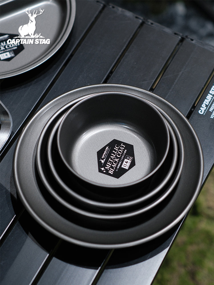 CAPTAIN STAG Metallic Black Coat Tableware Portable Lightweight Dish Plate Bowl Utensil Outdoor Camping Cooking Equipment Made in Japan