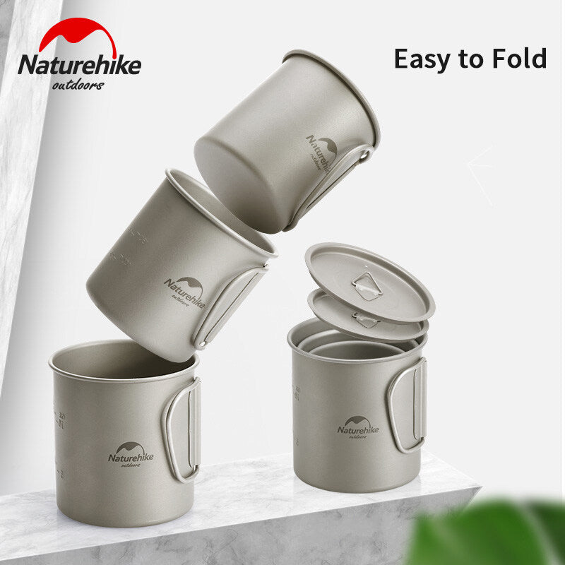 Naturehike 200 300 450 600 ML Ultralight Titanium Cup Shera Bowl Outdoor Camping Picnic Water Coffee Cup Mug Camp Kitchen Table Ware with Lid Cover Foldable Handle Nature Hike