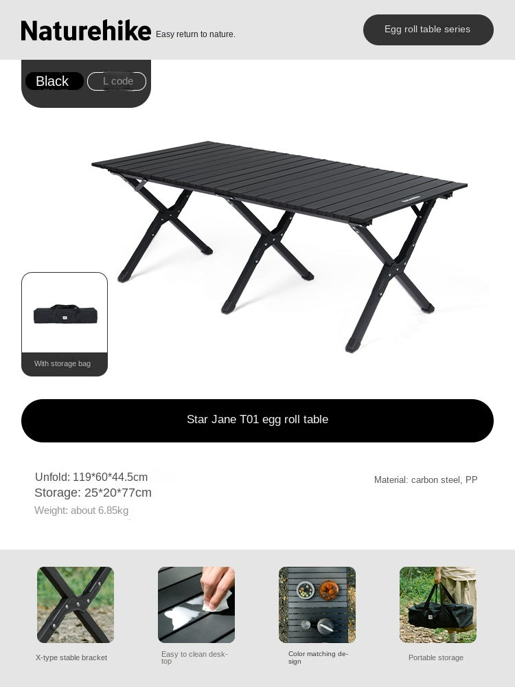 Naturehike STAR JANE T01 Egg Roll Table Portable Foldable Small Medium Large Sizes 150kg Max Load Folding Table Carbon Steel Black Khaki Carbon Steel Heavy Duty