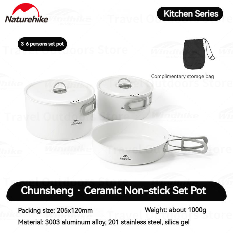 Naturehike Ceramic Non-Stick Set Of Pots And Frying Pans Portable Tableware Stackable Cookware Folding Handle Stainless Steel Aluminum Alloy