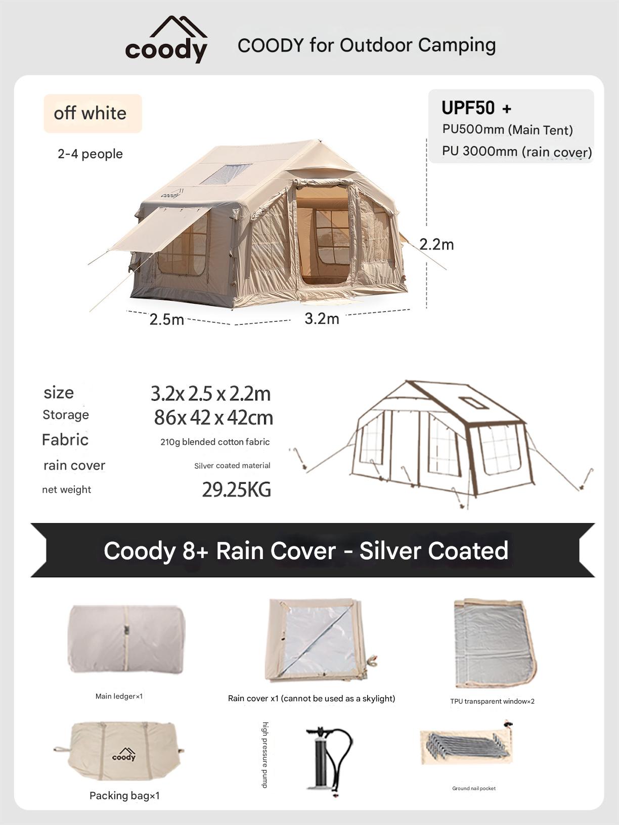 Coody Premium Cabin AIR 8.0 Air Inflatable Tent 4-6 Person 8m² Interior Space Blended Cotton Waterproof Outdoor Camping Black Vinyl Coated Sunscreen Rain Cover