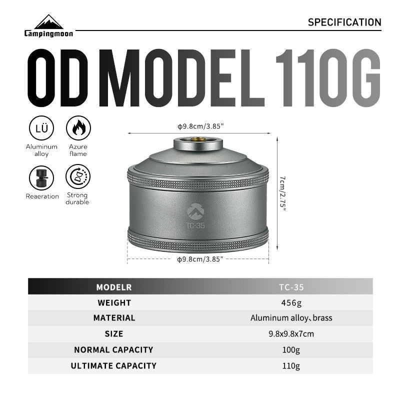 CAMPINGMOON BKTC-35 TC-35 Refillable Empty Screw Type Butane Canister Tank Premium CNC Finish Aluminum with Standard Nozzle Stove Lamp Lantern Torch