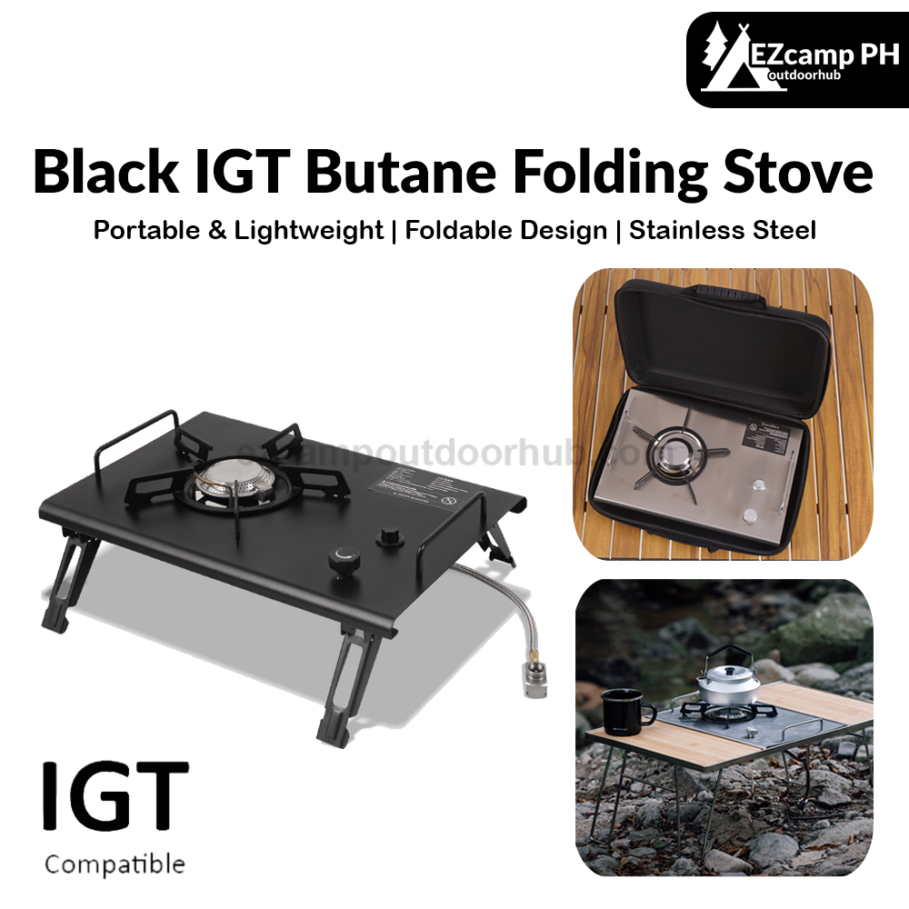 Black IGT Butane Folding Stove Portable Lightweight Integrated Grill Table Camping 1 Unit IGT Module 4kW High Power Cassette Screw Type Threaded Canister