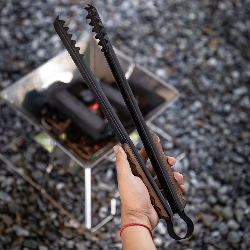 Campingmoon BKMS-41 Black Stainless Steel Premium Charcoal BBQ Grill Tong Alligator Clip Large Size Heat Resistant Teak Wood Handle Outdoor Camping Picnic Tool Camping Moon