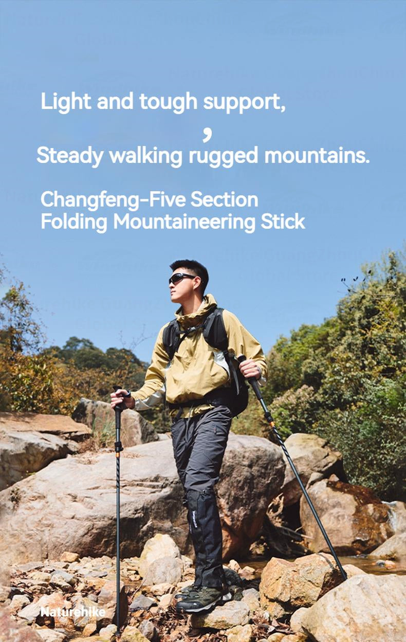 Naturehike UL Pro Mountaineering Stick Portable Ultralight 5-Section Folding Telescopic Walking Stick Pole Carbon Fiber Trekking Hiking Canes