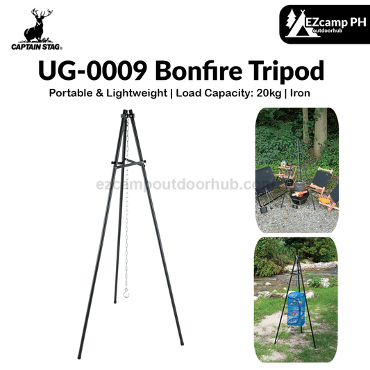 CAPTAIN STAG UG-0009 Bonfire Tripod Portable Black Label Steel Iron Grill Cooking Pot Hanging Bracket Stand Up To 20kg Max Load Heavy Duty