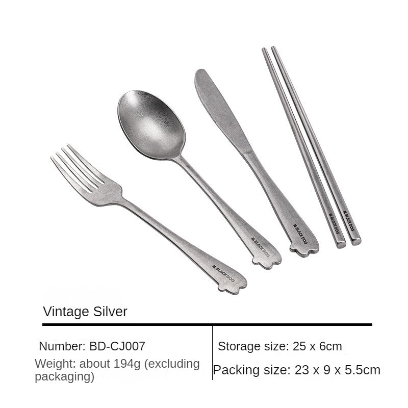 BLACKDOG Retro Style Utensil Set Portable Ultralight 304 Stainless Steel 4 In 1 Spoon Fork Knife Chopsticks With Black Storage Bag Cutlery Set Tableware Dining Camping Hiking