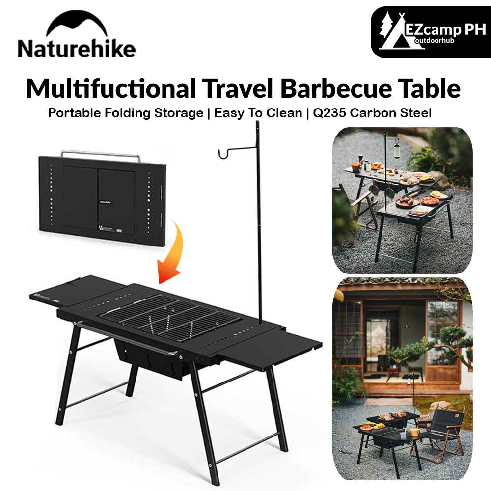 Naturehike Multifuctional Travel Barbecue Table Folding BBQ Grill Outdoor Camping Picnic Portable Integrated Built-in Cooking Charcoal Grill with Lamp Pole Easy to Clean Nature Hike