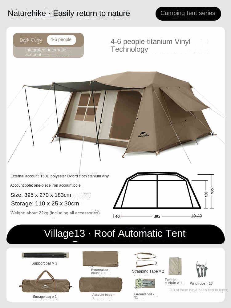 Naturehike 2026 VILLAGE 13 PRO Automatic Tent Fast Build Cabin Style Tent 6-8 Persons Large 24m² Usable Space Aluminum Frame Ti Black Coated Sunscreen