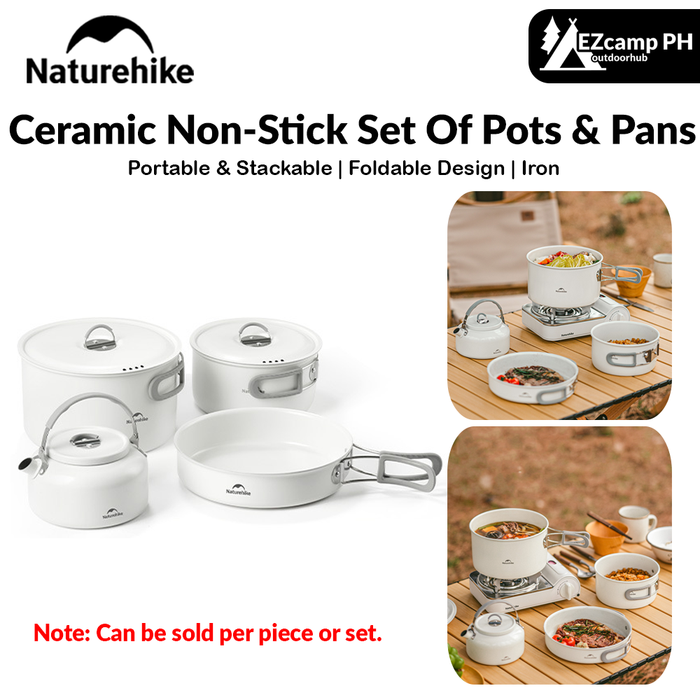 Naturehike Ceramic Non-Stick Set Of Pots And Frying Pans Portable Tableware Stackable Cookware Folding Handle Stainless Steel Aluminum Alloy