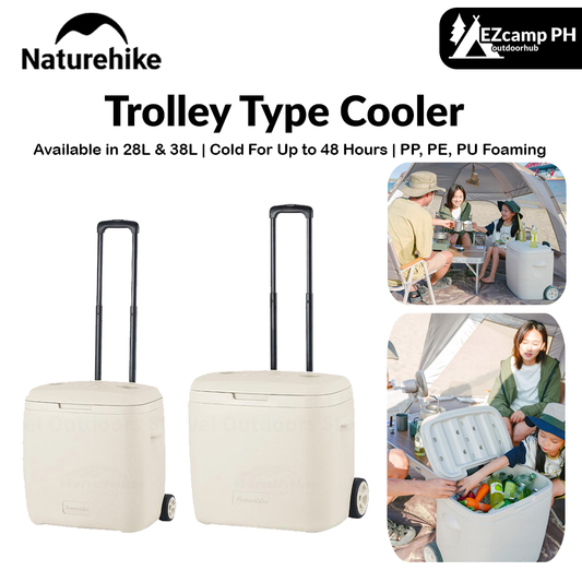 Naturehike Trolley Type Cooler Outdoor Box 28/38L Camping Ice Food Drinks Insulated Storage Container Box Chest Cold for up to 48H Mobile TPE Shock Absorbing Wheels LINGDU BBQ Picnic Cooler
