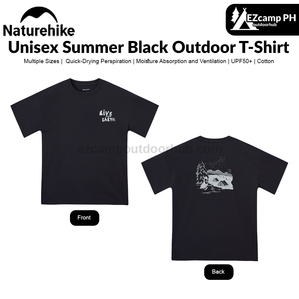 Naturehike Unisex Summer Black Outdoor T-Shirt Casual Camping Pattern Short Sleeved Round Neck Clothing for Men and Women Camping Hiking Travel Picnic Outdoor Premium Cotton Original Nature Hike