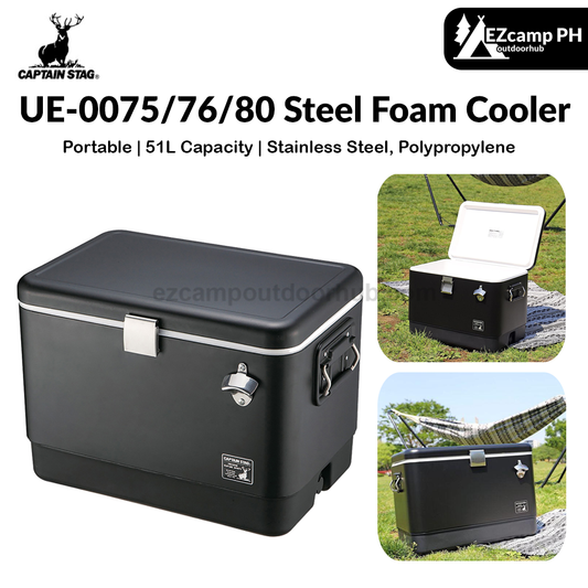 CAPTAIN STAG Steel Foam Cooler Portable 51L Large Capacity Multifunctional Food Drink Storage Ice Chest Built-in Drain Plug Stainless Steel Cooling Box