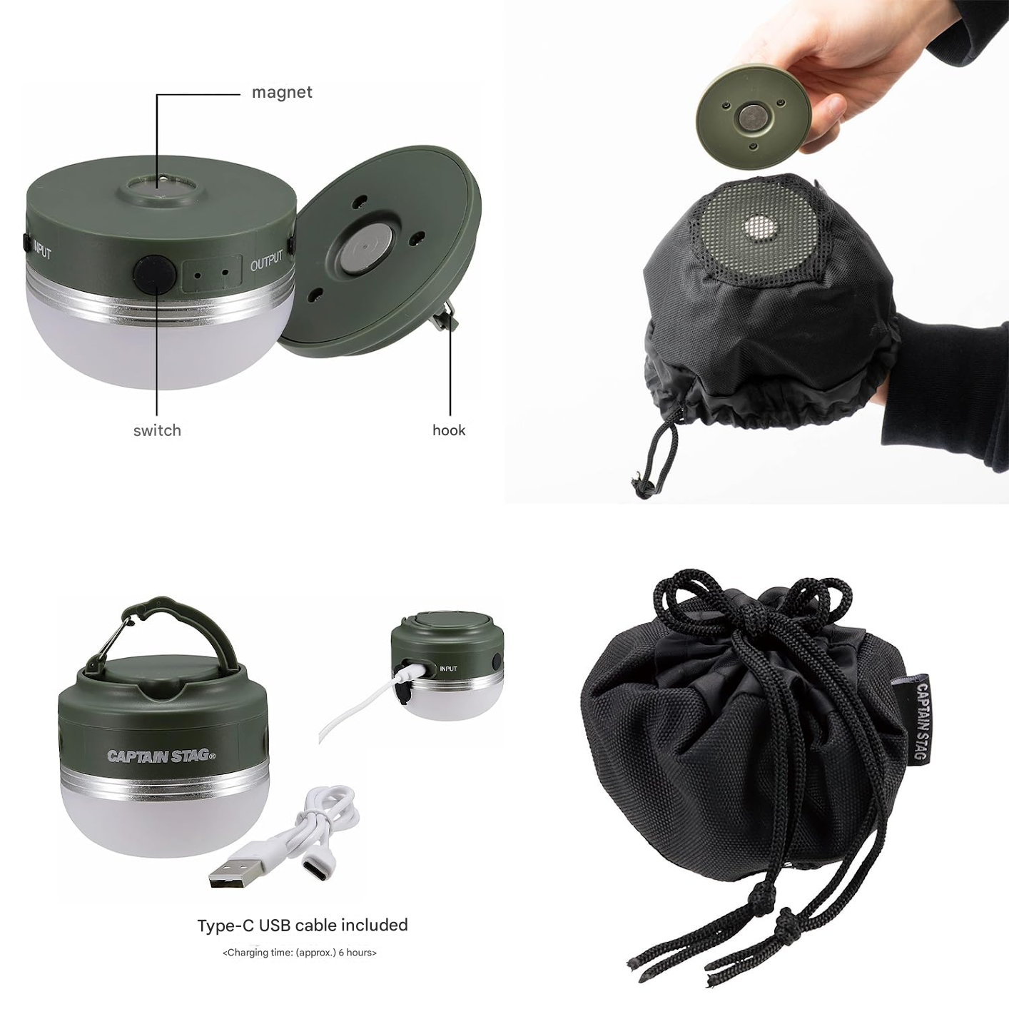 CAPTAIN STAG UK-4068 Portable Warm Light Hangable LED Lantern USB C Charging Rechargeable Up To 180 Lumens Magnetic Base Camping Lamp UK-4069