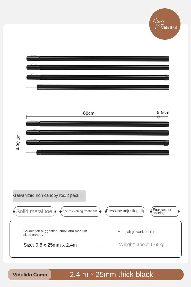 Vidalido Galvanized Iron Canopy Rod Black Steel Iron Awning Pole Tarp Tent 1.8m 2.2m 2.4m 2.8m Length 3-4 Section 2pcs Per Set Camping Accessories Rod