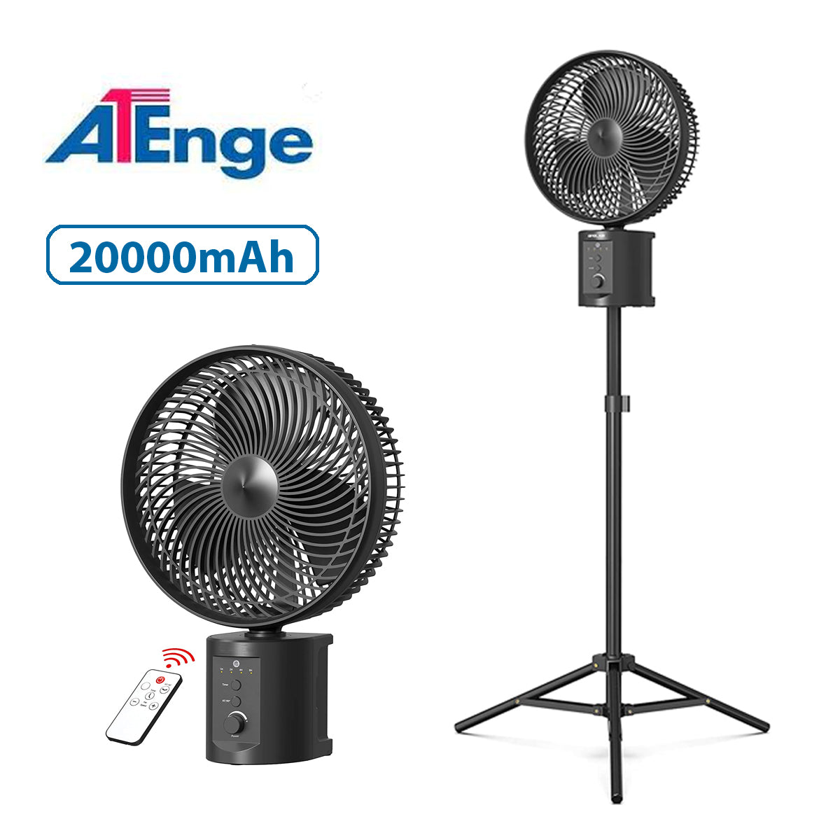 OPOLAR | ATEnge | ROCCIA Oscillating Rechargeable Fan w/Remote Super Strong 7 Speeds 2 in 1 Unique Design 20000mAh (2*10000mAh) 10 Inch Cordless Battery Operated Fan