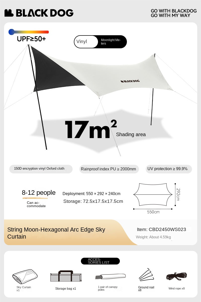 Blackdog TIMELESS Sky Curtain Black Canopy Tarp Awning Full Blackout Titanium Black Vinyl Coated Sunscreen Waterproof Outdoor Sunshade with 2 Poles