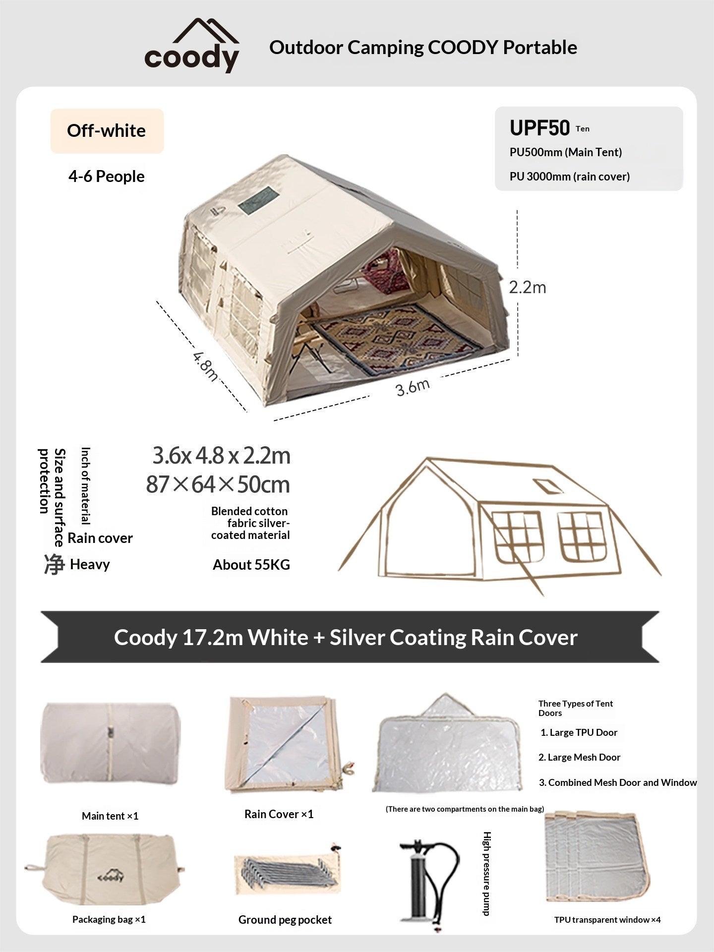 Coody FAMILIA AIR 17.2 Premium Cabin Inflatable Tent 6-8 Persons Extra Large 17.2m² Interior Space Waterproof Blended Cotton Black Vinyl Coated