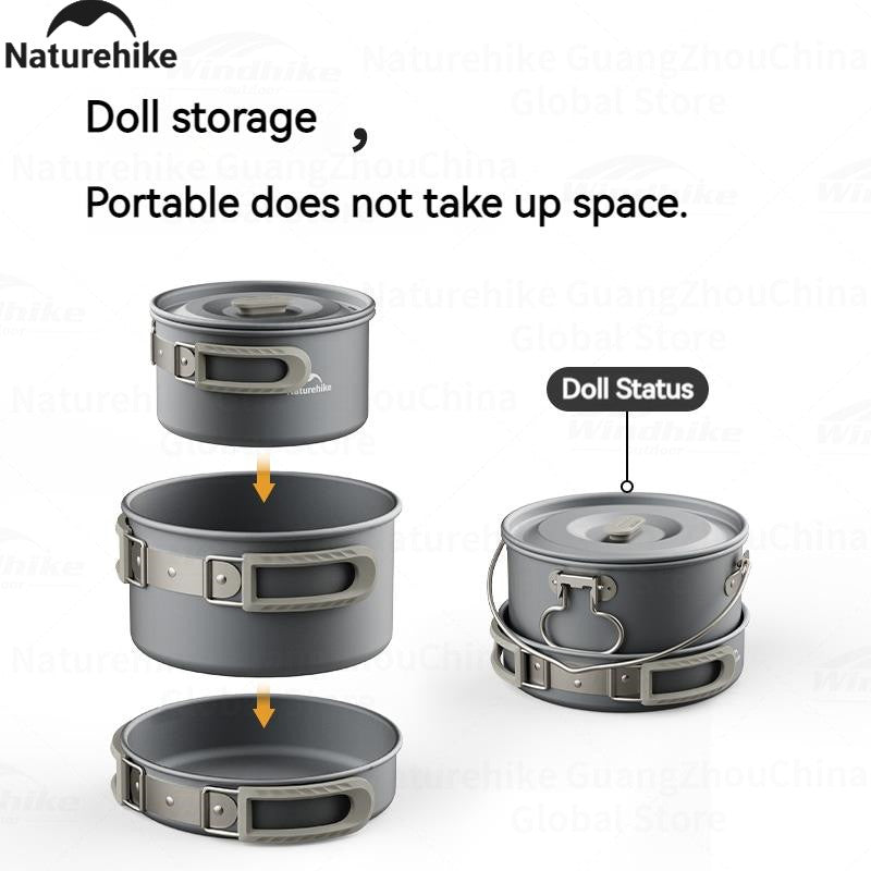 Naturehike Aluminum Alloy Set Pots Portable Lightweight Tableware Pot Frying Pan Kettle Folding Handle Camping Outdoor Hiking Travel Picnic Stackable Cookware