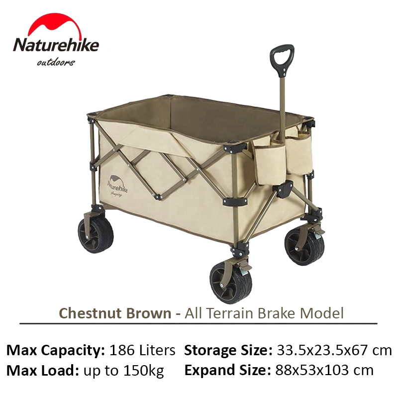 Naturehike TC03 v2 All Terrain Trolley Cart Outdoor Portable 186L Capacity Wide All Terrain Wheel With Brakes Optional Table Board 150kg Max Load 4-Way Folding Camping Equipment Luggage Foldable Trolley Cart Wagon Carrier Original Nature Hike