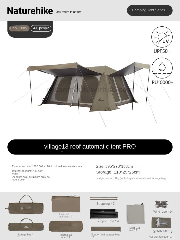 Naturehike VILLAGE 13 Flagship PRO Series Fast Build Automatic Cabin Style Tent for 4-8 Person Outdoor Waterproof Ti Black Vinyl Coated Sunscreen Light Aluminum Pole Frame Gen 3