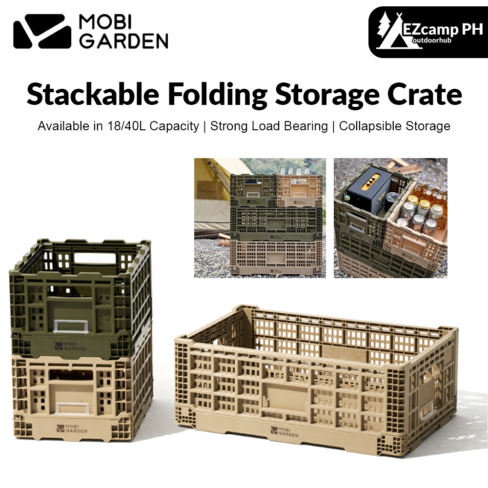 Mobi Garden Stackable Folding Basket Tray Collapsible Outdoor Camping Portable Storage Container 18/40L Small Large PP Food Grade Material Camp Kitchen Organizer Foldable Box Crate Mobigarden