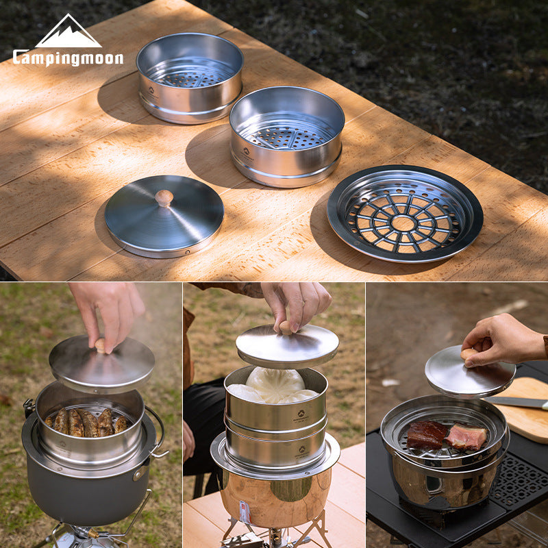 Campingmoon S363-2S Double Layer Steamer Base Set Portable Lightweight Multi-Pot Fit Three-Arc Base Design 304 Stainless Steel Home Camping Cooking Steamer