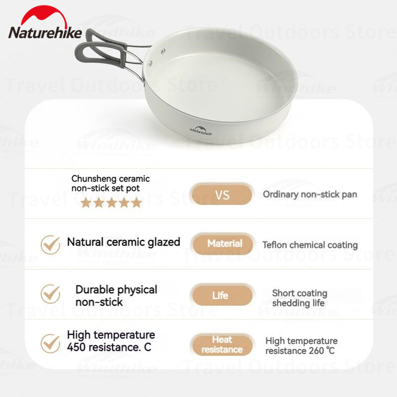 Naturehike Ceramic Non-Stick Set Of Pots And Frying Pans Portable Tableware Stackable Cookware Folding Handle Stainless Steel Aluminum Alloy