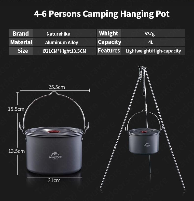 Naturehike 4L Camping Pot Outdoor Portable Ultralight Hanging Picnic Pot Set Hook Hang Tripod 4-6 Person Cookware Tableware Utensils Aluminum Alloy