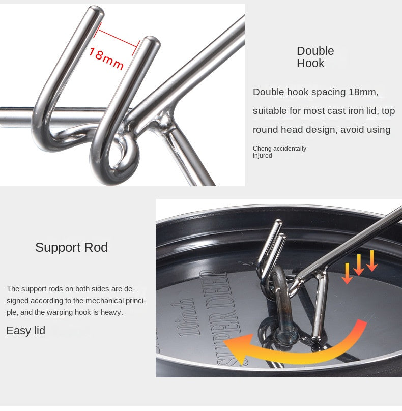 Campingmoon MS-34 Double Hook Pot Lid Lifter Portable Stainless Steel Cookware Hot Cast Iron Cover Pan Skillet Holder Wooden Handle