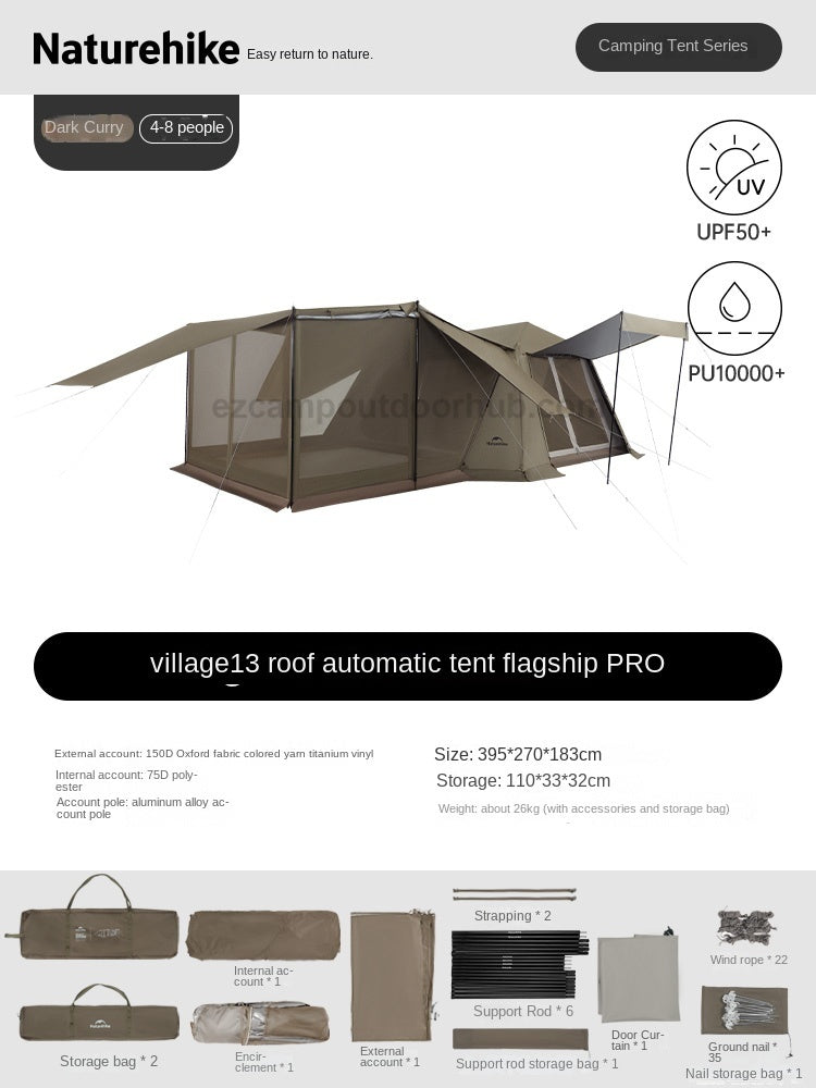 Naturehike VILLAGE 13 Flagship PRO Series Fast Build Automatic Cabin Style Tent for 4-8 Person Outdoor Waterproof Ti Black Vinyl Coated Sunscreen Light Aluminum Pole Frame Gen 3