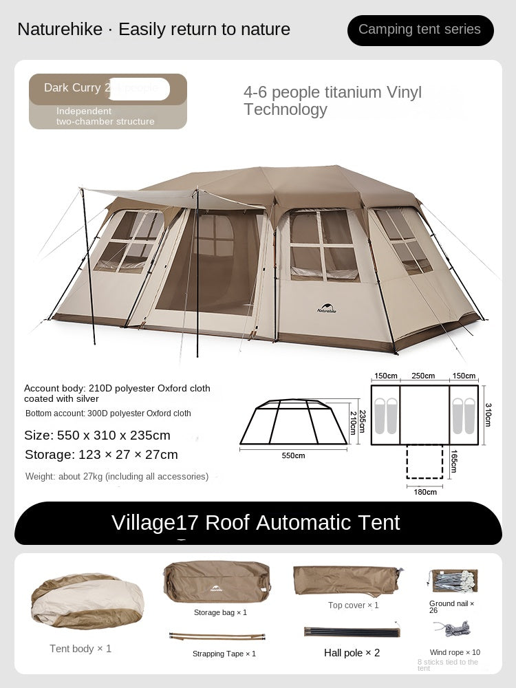 Naturehike VILLAGE 17 Automatic Tent Portable 6-8 Person Cabin Style Camping Ridge All-In-One Pole Travel Tent Double 2 Bedroom 1 Hall Foyer Waterproof Hut