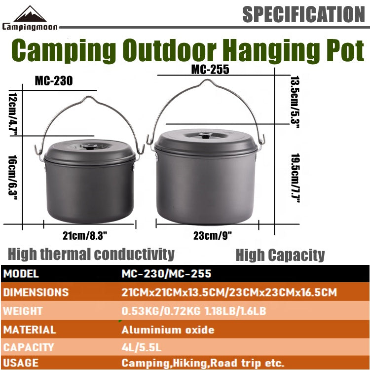 CAMPINGMOON Outdoor Hanging Pot Small Large Camping Ultralight Aluminum Cooking Hang Cookware Equipment for 5-8 Person 4L 5.5L