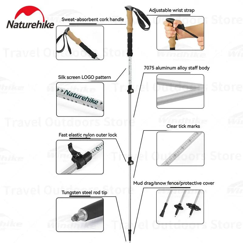 Naturehike 2pcs Aluminum Alloy Trekking Poles Portable Ultralight Collapsible 3 Section Telescopic Staff Walking Mountaineering Camping Hiking Climbing Travel Stick Heavy Duty Original Nature Hike