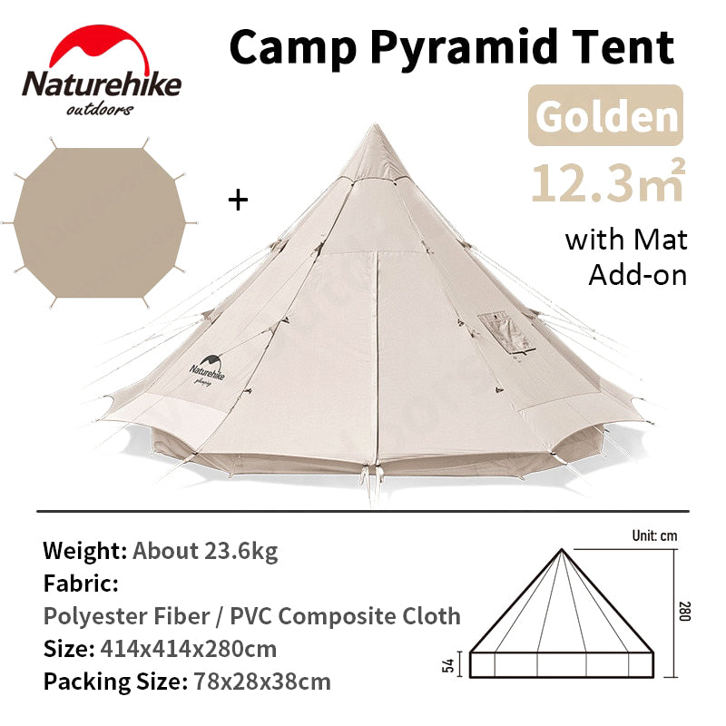 Naturehike BRIGHTEN Series 12.3 Pyramid Tent Blended Cotton Bell Camping Tent 12.3m² Large Family Group Luxury Shelter for 5 to 8 Person Tipi Tepee