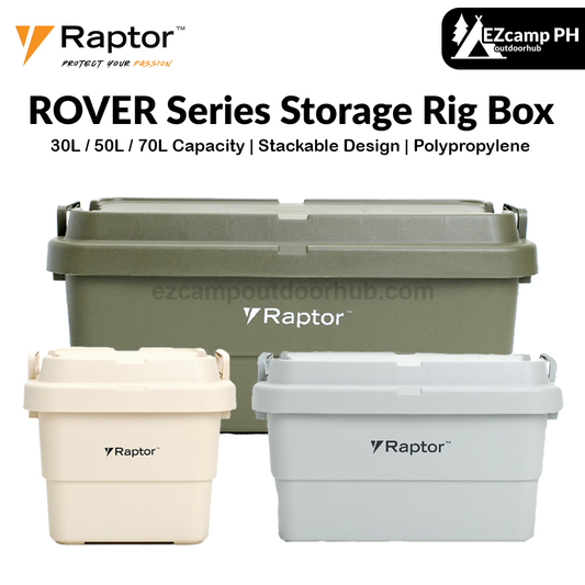 Raptor ROVER Series Storage Rig Box Multipurpose Organizer 30L 50L 70L Large Capacity Reinforced Grid Lid Stackable & Nesting Design Wood Tabletop