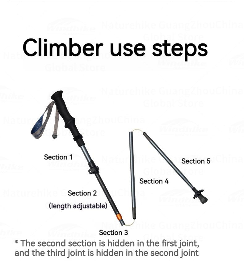 Naturehike UL Pro Mountaineering Stick Portable Ultralight 5-Section Folding Telescopic Walking Stick Pole Carbon Fiber Trekking Hiking Canes