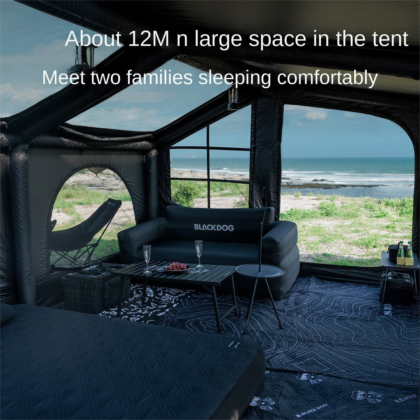 Blackdog BLACK SOAR AIR 12.0 Inflatable Cabin Style Tent Fast Build PVC Air Frames 210D Black Vinyl Coated Sunscreen Waterproof Panoramic View 6-8 Person