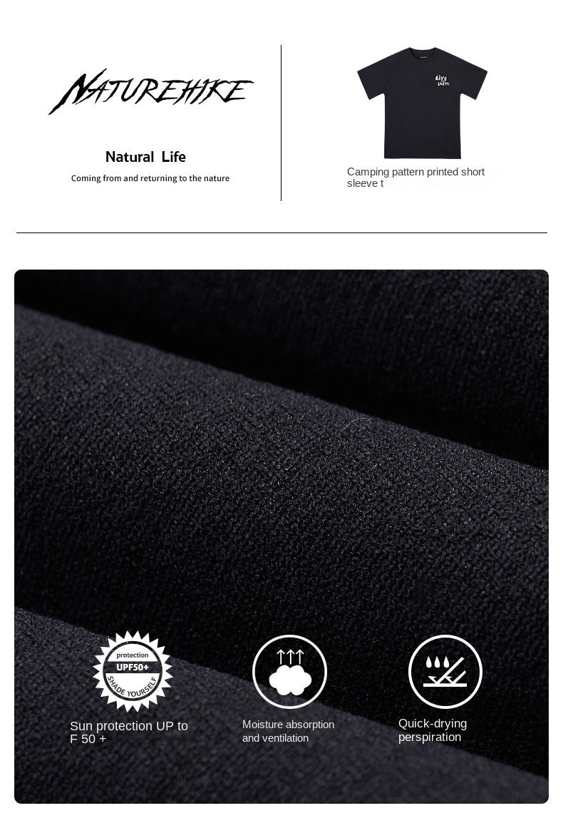 Naturehike Unisex Summer Black Outdoor T-Shirt Casual Camping Pattern Short Sleeved Round Neck Clothing for Men and Women Camping Hiking Travel Picnic Outdoor Premium Cotton Original Nature Hike